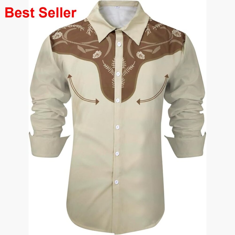 Men's Western Cowboy Shirt Retro Print Long Sleeve Slim Fit Button Down